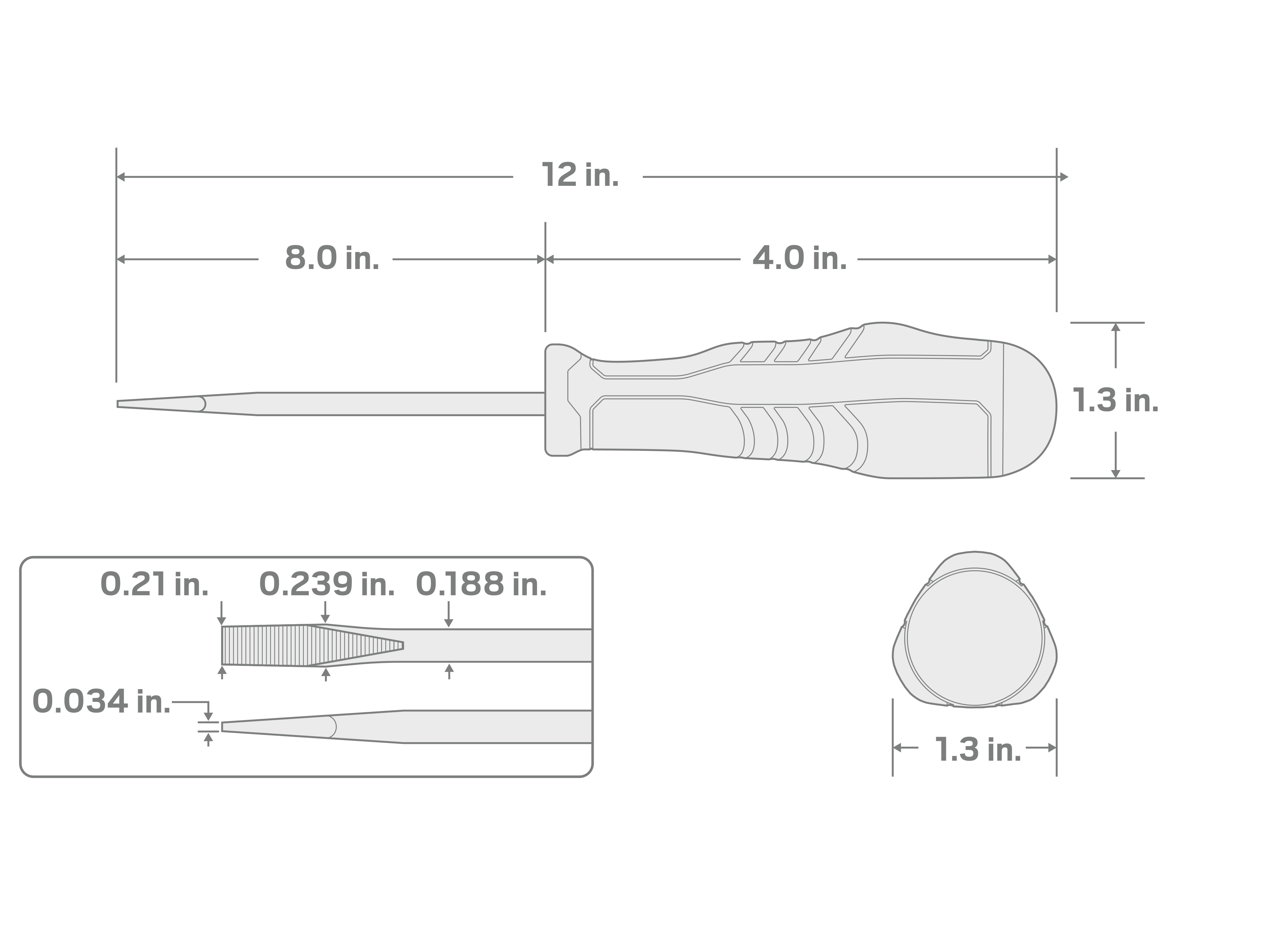 Specs for Long 3/16 Inch Slotted High-Torque Black Oxide Blade Screwdriver (Keystone Tip)