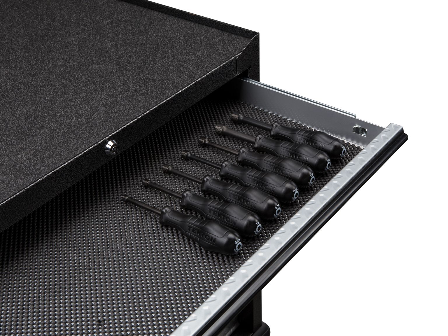 Front angled view of Tekton   set in a tool cabinet drawer. Item #26964