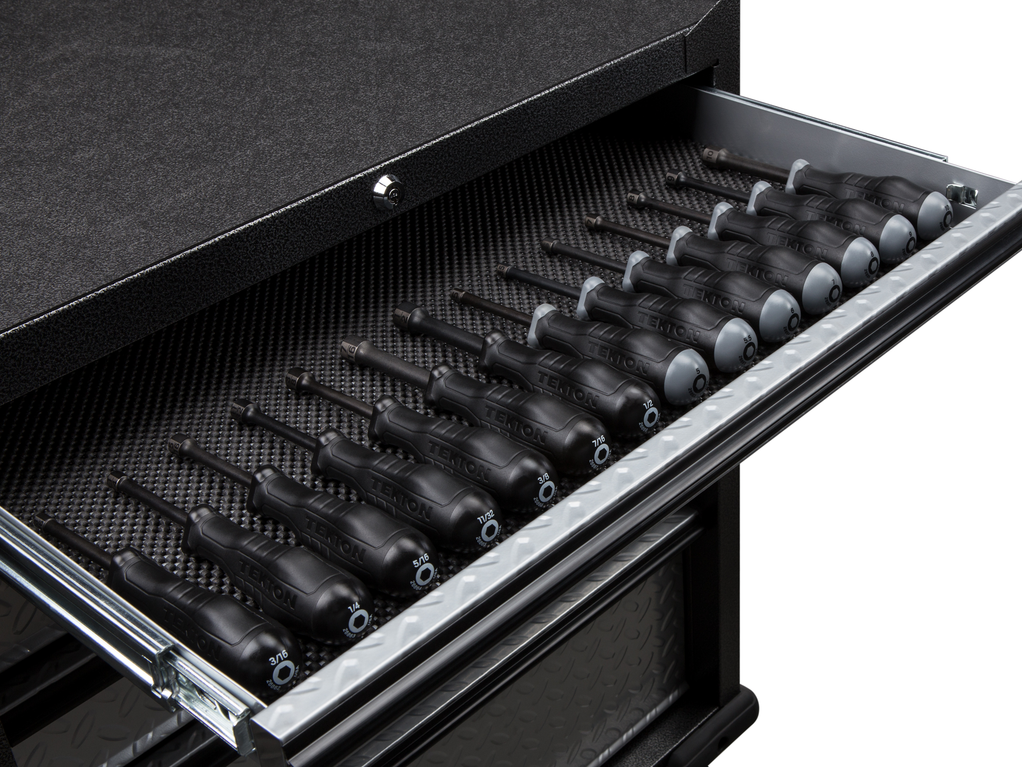Front angled view of Tekton   set in a tool cabinet drawer. Item #26984