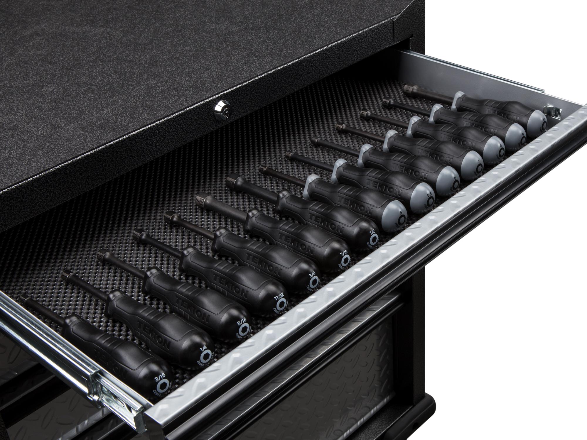 Front angled view of Tekton   set in a tool cabinet drawer. Item #26984