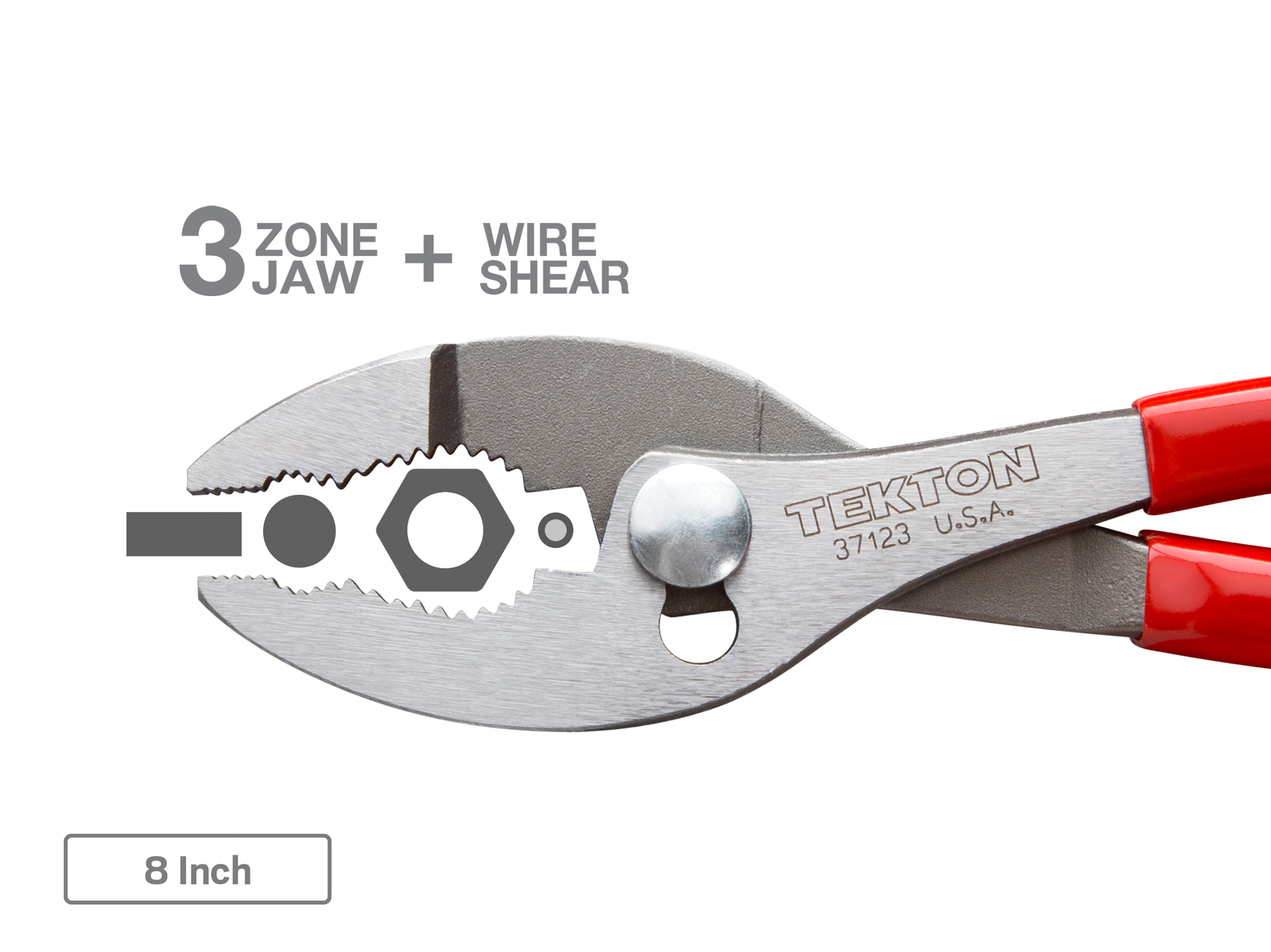 Includes: 6-1/2, 8, 10 inch slip joint pliers. 3-zone jaws for gripping flat, round, hex, and square shapes. Wire shear cleanly cuts solid wire. Made in USA.