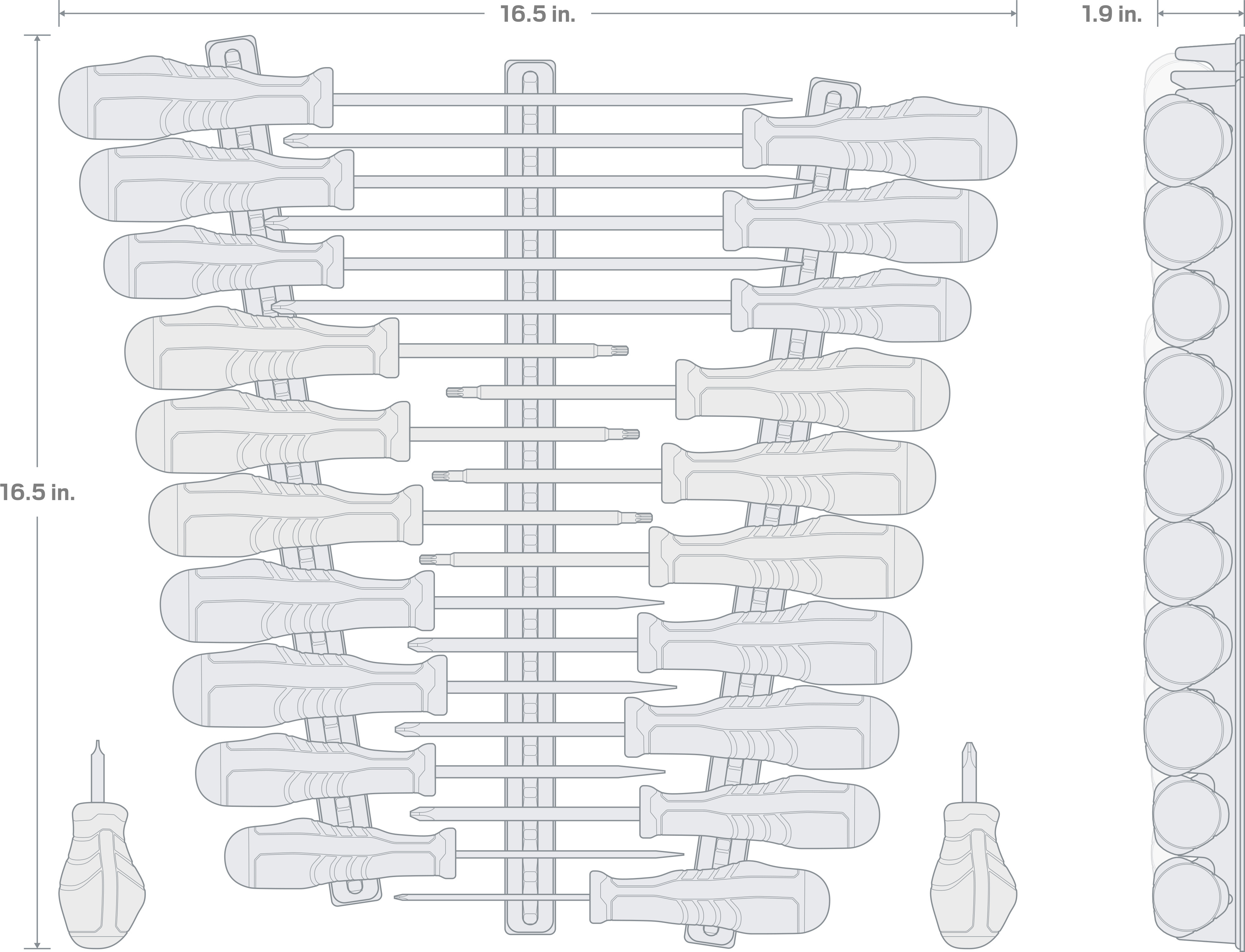 Specs for High-Torque Black Oxide Blade Screwdriver Set with Black Rails, 22-Piece (#0-#3, 1/8-5/16 in., T10-30)