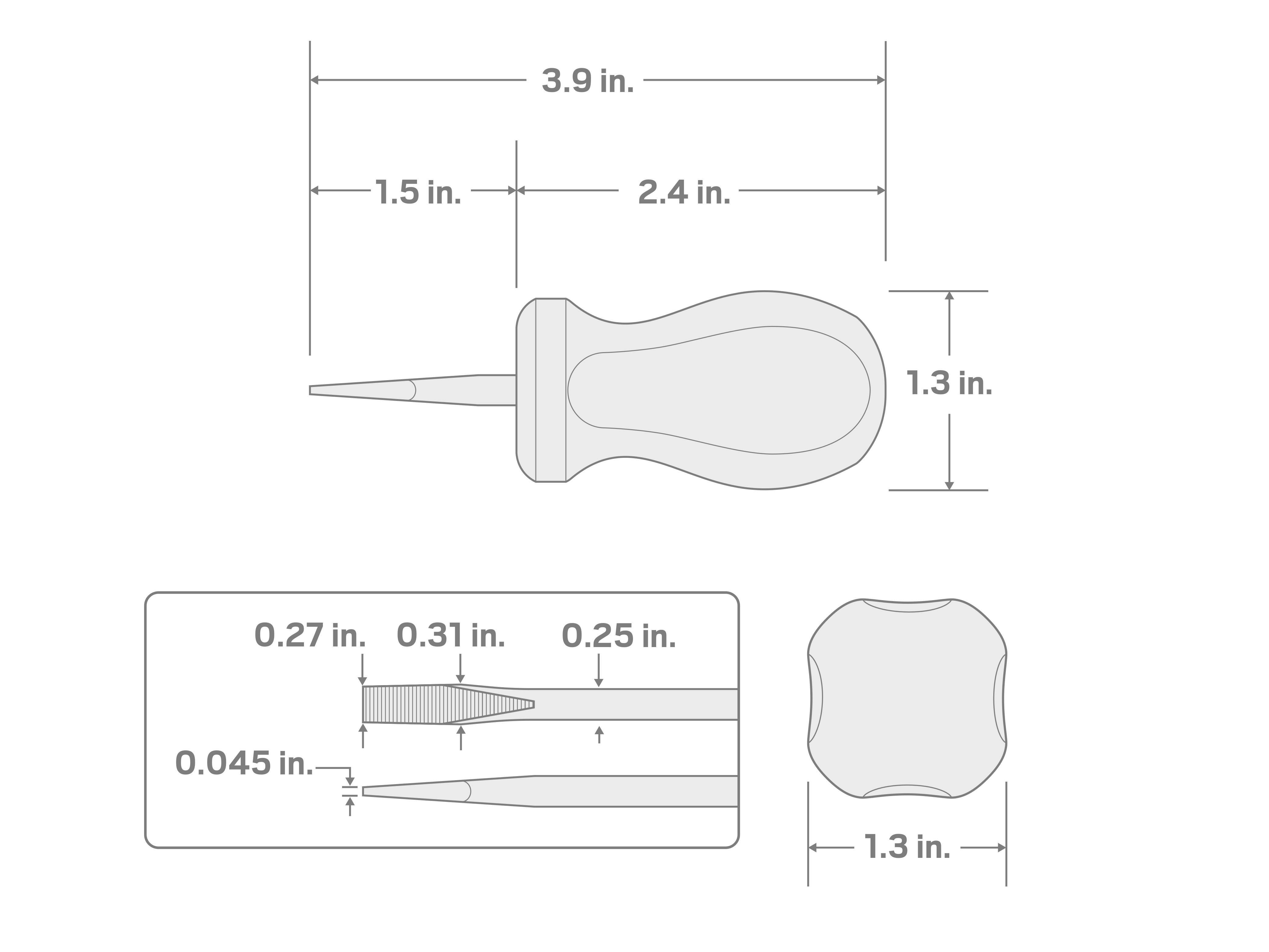 Specs for Stubby 1/4 Inch Slotted Hard Handle Screwdriver (Keystone Tip)