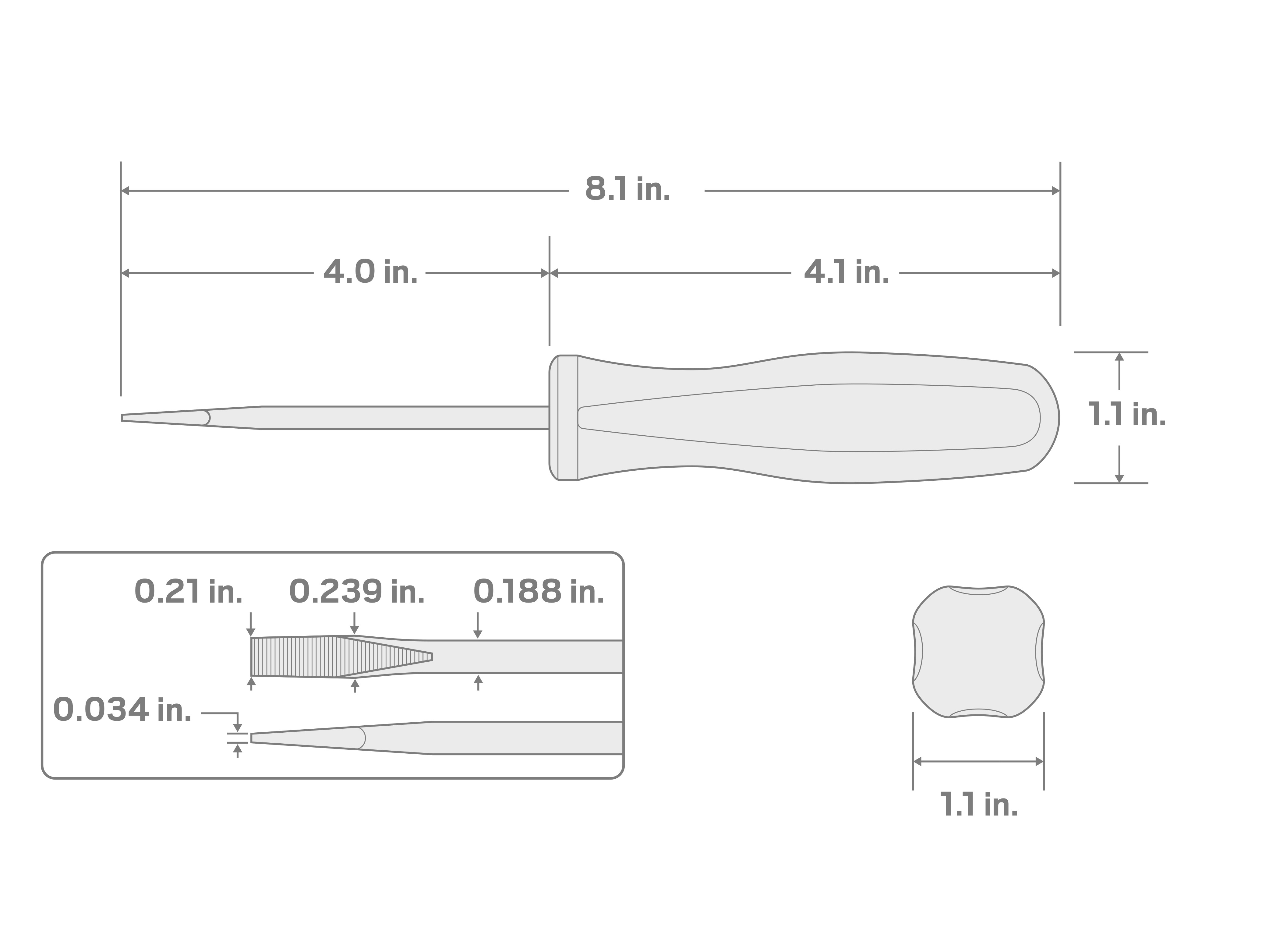 Specs for 3/16 Inch Slotted Hard Handle Screwdriver (Keystone Tip)