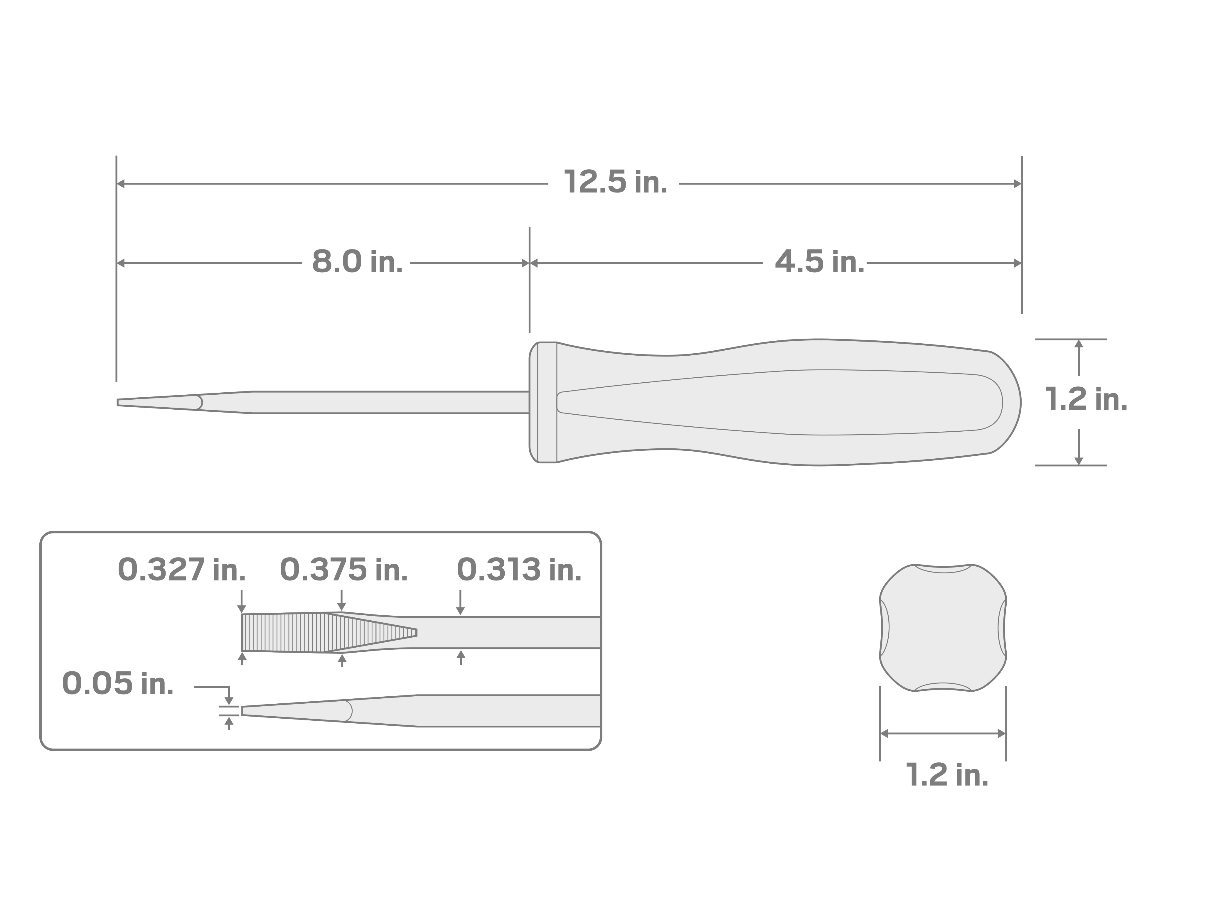 Specs for Long 5/16 Inch Slotted Hard Handle Screwdriver (Keystone Tip)
