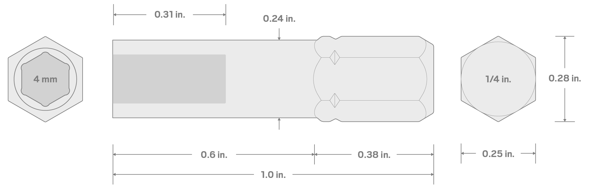 Specs for 1/4 Inch Hex Shank to 4 mm Magnetic Hex Bit Holder