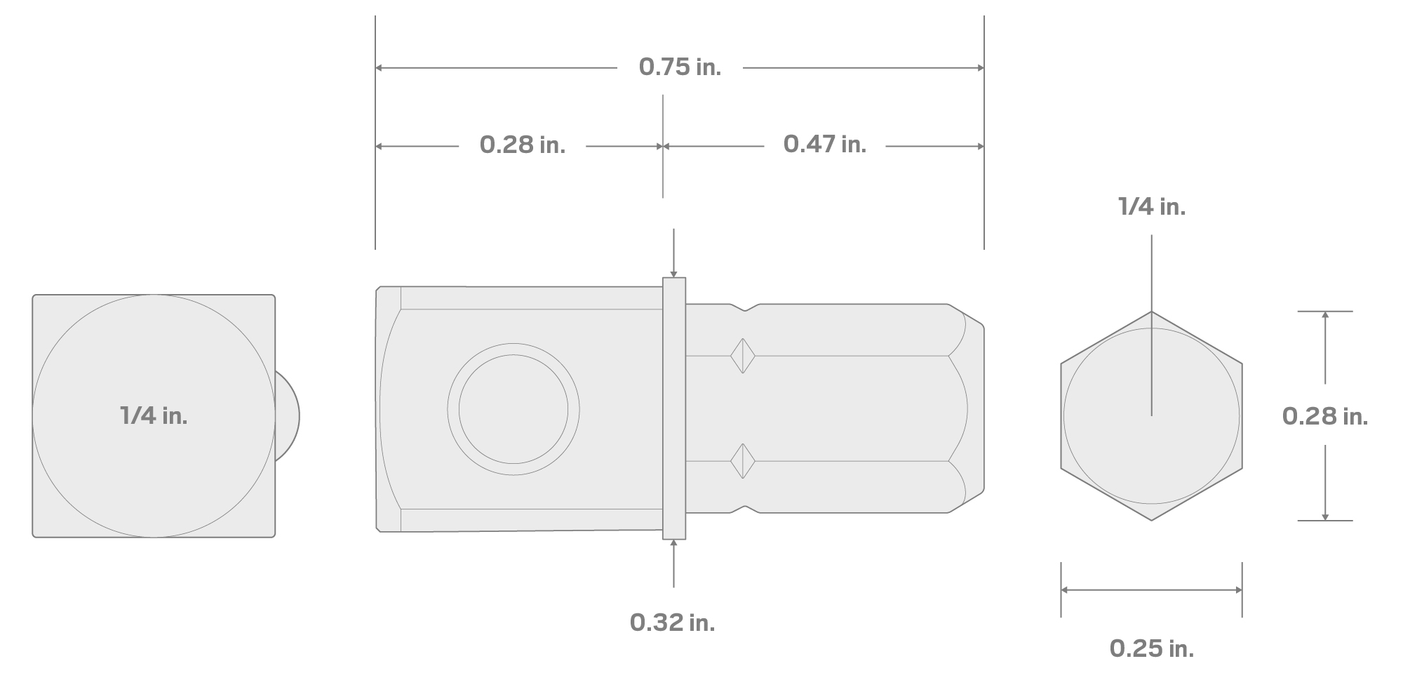 Specs for 1/4 Inch Hex Shank to 1/4 Inch Drive Mini Socket Adapter