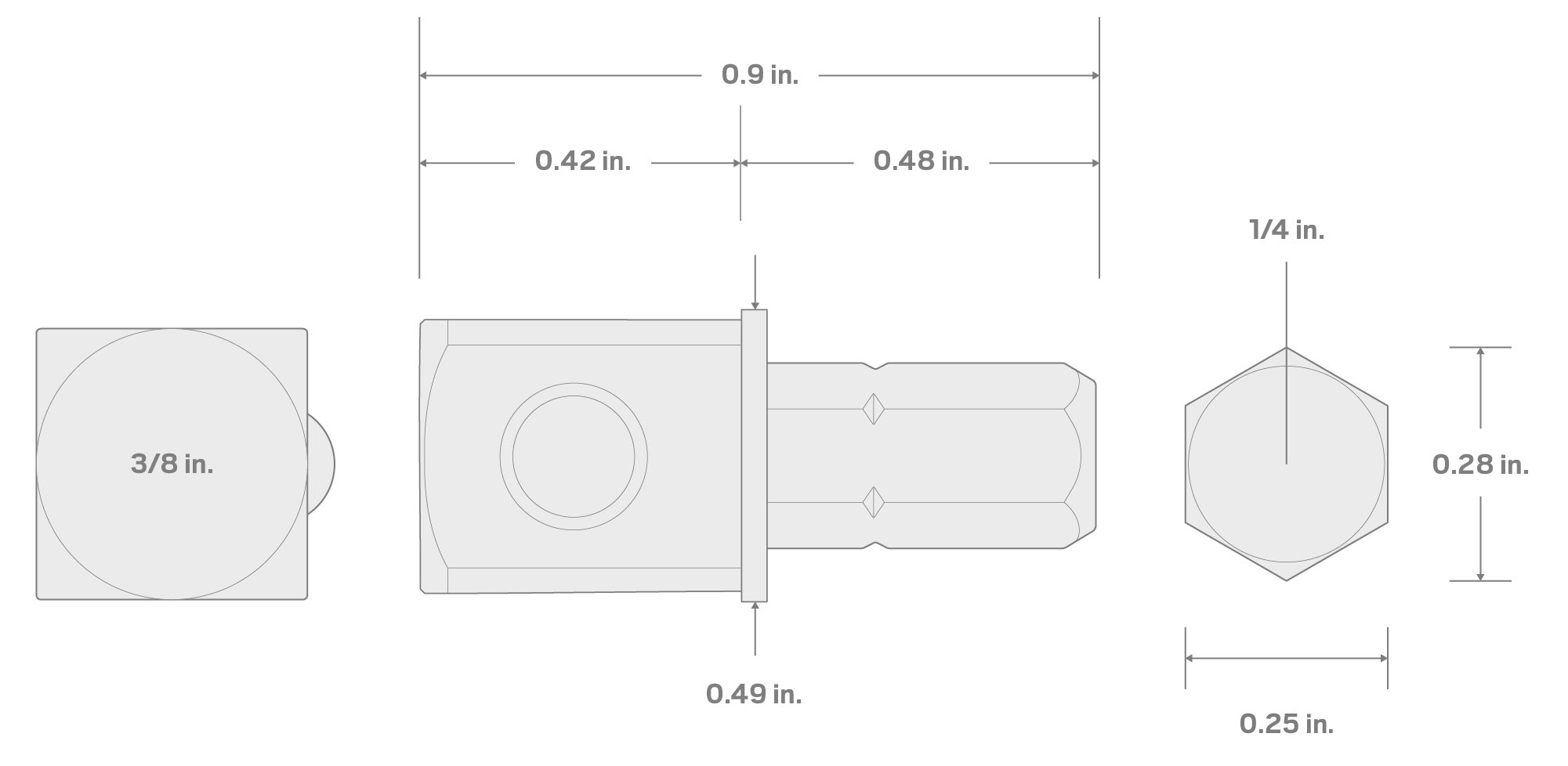 Specs for 1/4 Inch Hex Shank to 3/8 Inch Drive Mini Socket Adapter