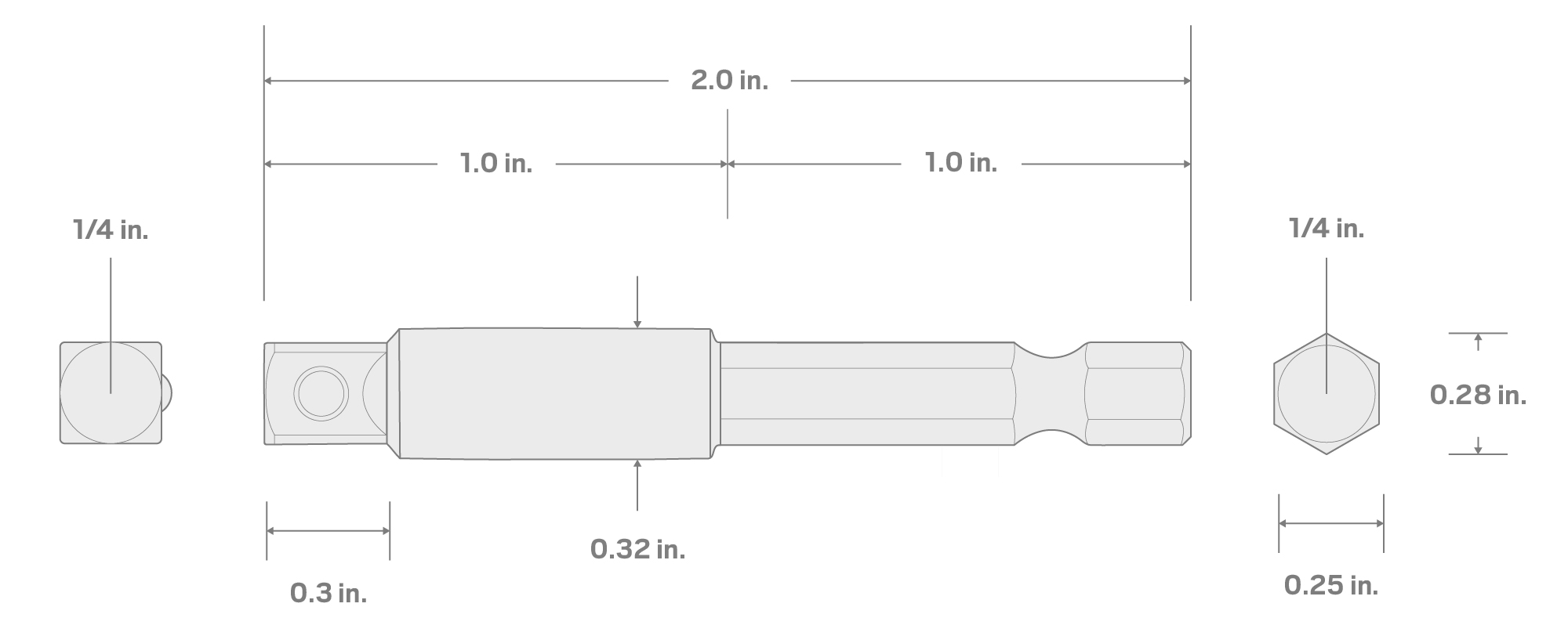 Specs for 1/4 Inch Hex Shank to 1/4 Inch Drive Socket Adapter