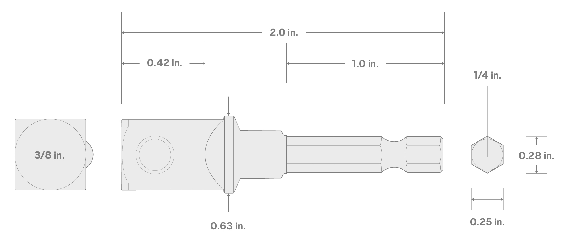Specs for 1/4 Inch Hex Shank to 3/8 Inch Drive Socket Adapter