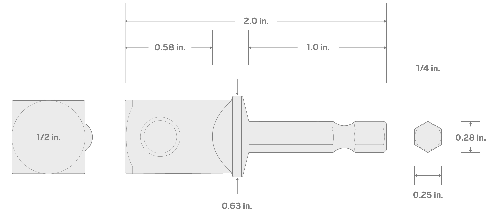Specs for 1/4 Inch Hex Shank to 1/2 Inch Drive Socket Adapter
