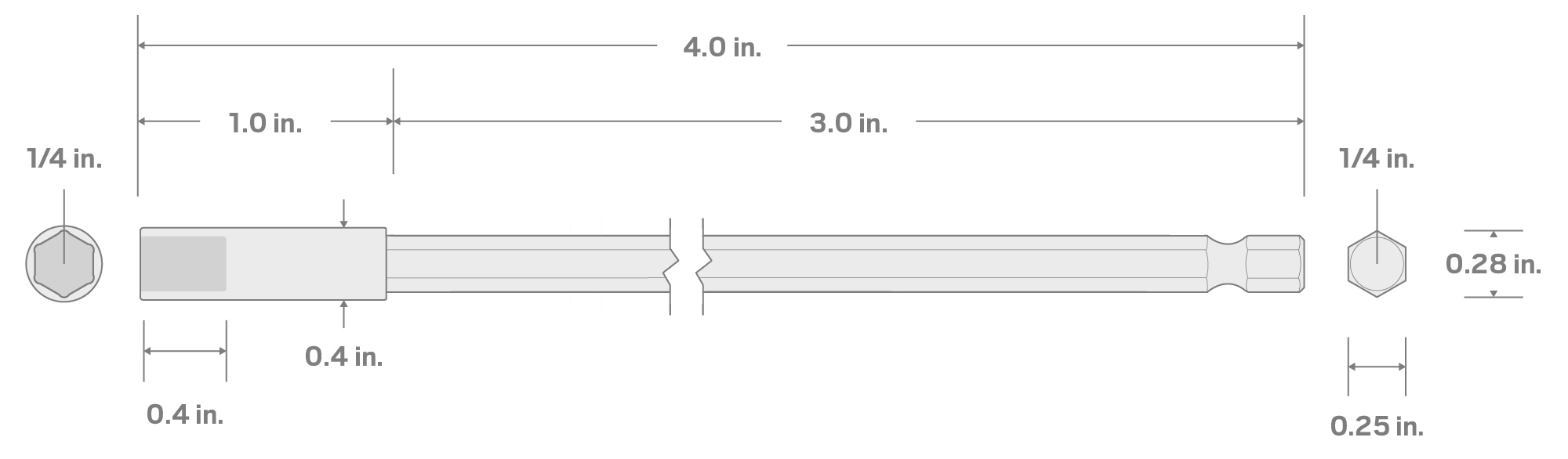 Specs for 1/4 Inch Hex Shank x 4 Inch Magnetic Bit Holder Extension