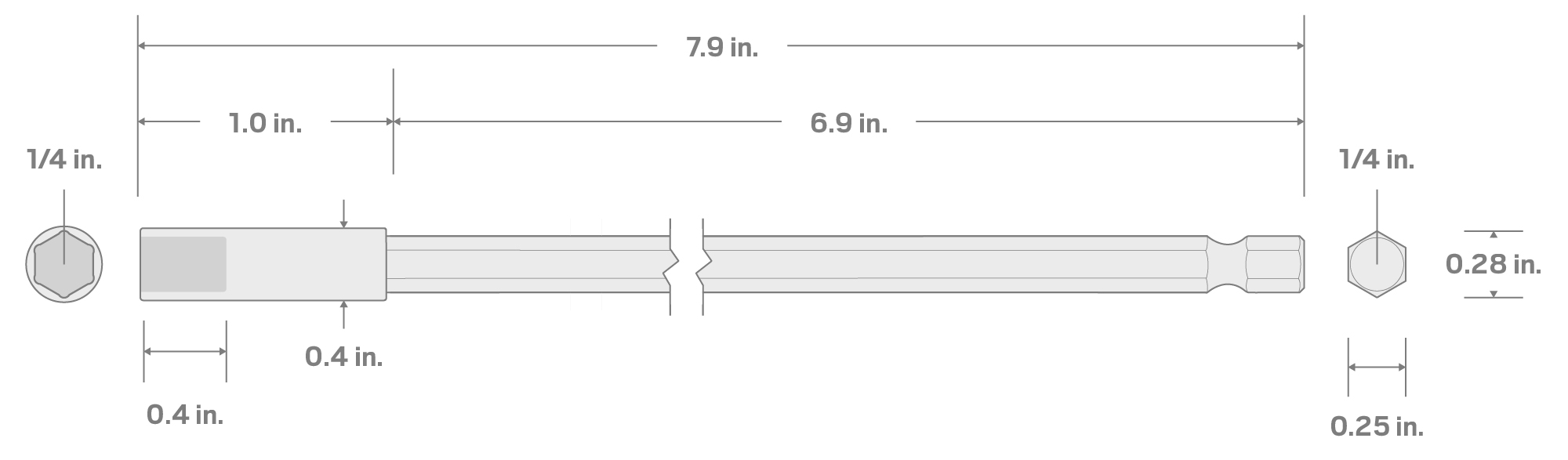 Specs for 1/4 Inch Hex Shank x 8 Inch Magnetic Bit Holder Extension