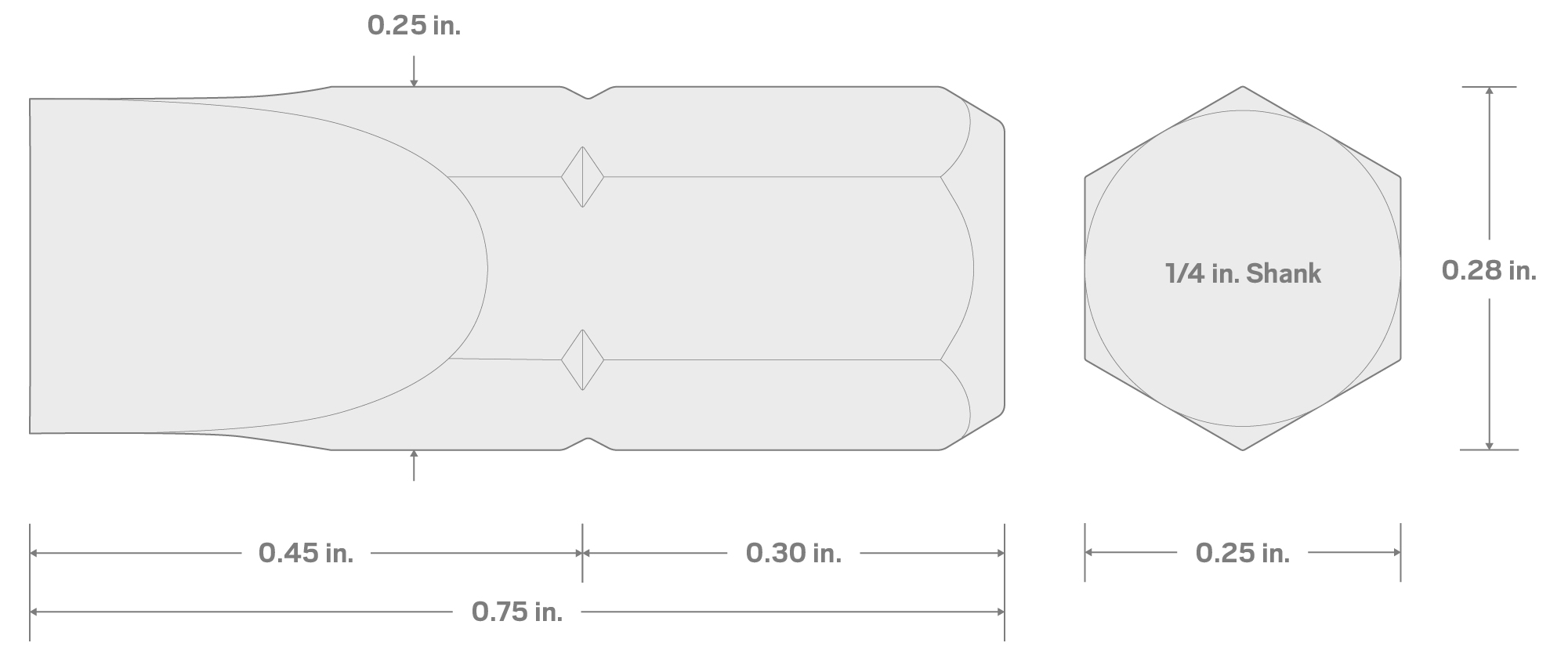 Specs for 1/4 Inch Slotted Insert Bit, 0.75 Inch Length (1/4 in. Hex Shank)