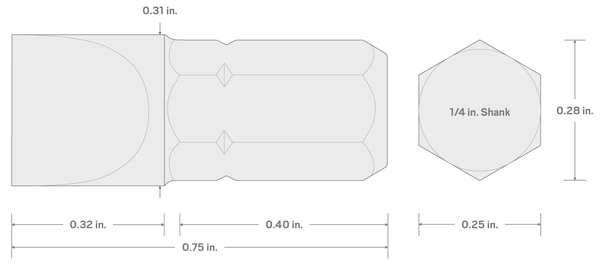 Specs for 5/16 Inch Slotted Insert Bit, 0.75 Inch Length (1/4 in. Hex Shank)