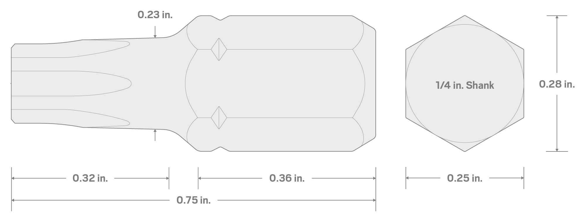 Specs for T30 Star Insert Bit, 0.75 Inch Length (1/4 in. Hex Shank)