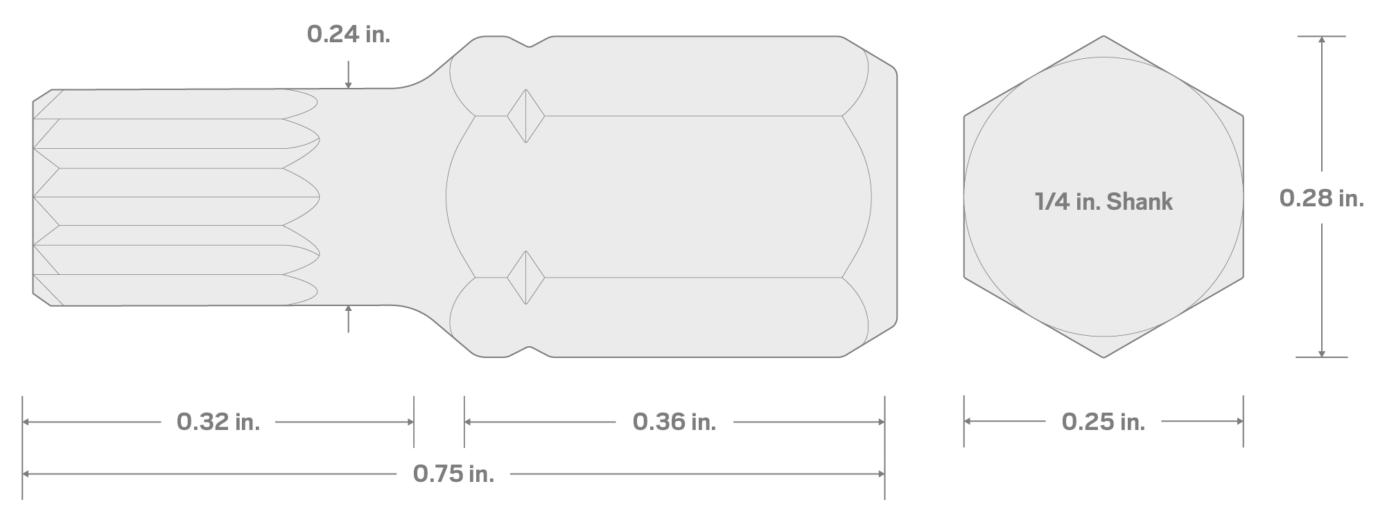 Specs for M6 Triple Square Insert Bit, 0.75 Inch Length (1/4 in. Hex Shank)