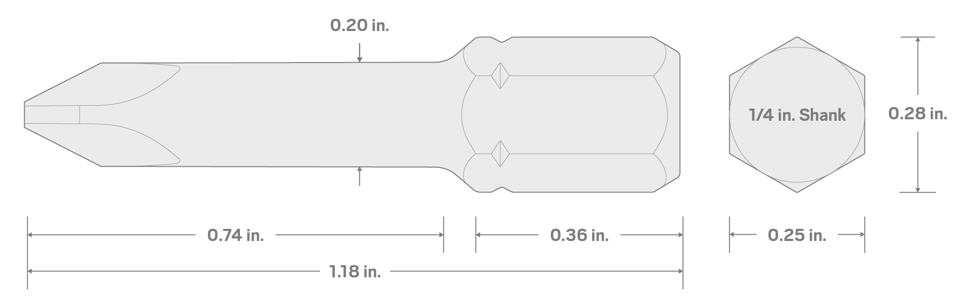 Specs for P1 Phillips Insert Bit, 1.18 Inch Length (1/4 in. Hex Shank)