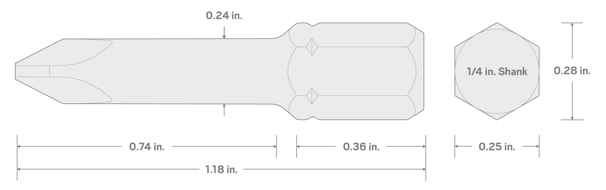 Specs for P2 Phillips Insert Bit, 1.18 Inch Length (1/4 in. Hex Shank)