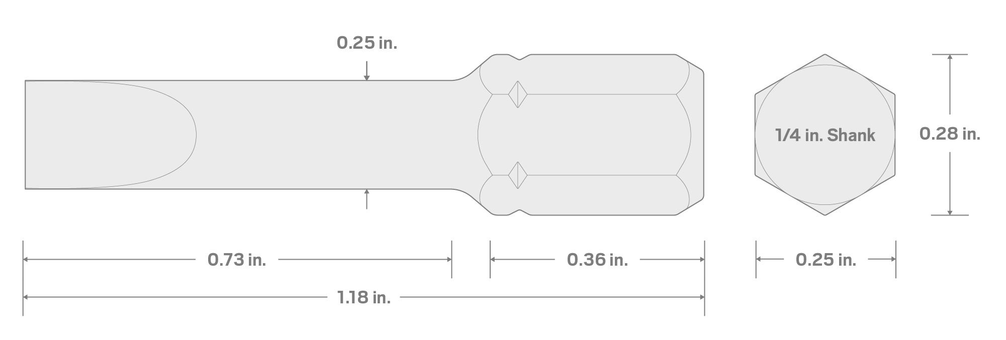Specs for 6.5 mm Slotted Insert Bit, 1.18 Inch Length (1/4 in. Hex Shank)