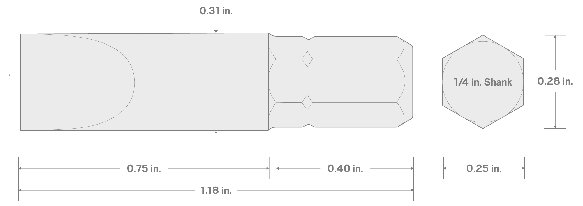 Specs for 8 mm Slotted Insert Bit, 1.18 Inch Length (1/4 in. Hex Shank)