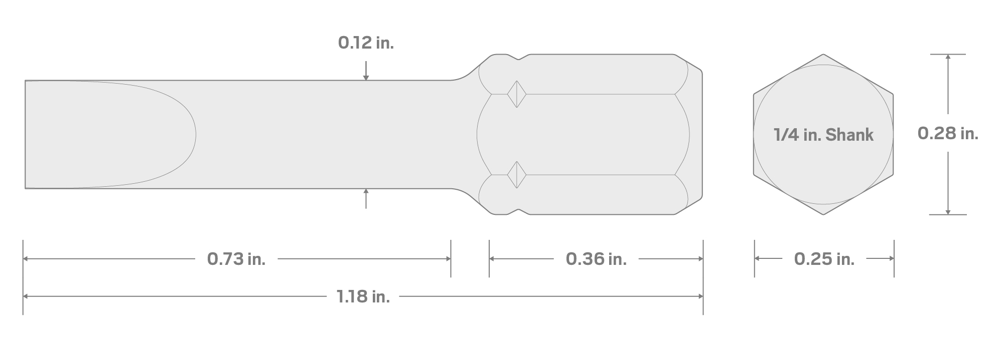 Specs for 1/8 Inch Slotted Insert Bit, 1.18 Inch Length (1/4 in. Hex Shank)