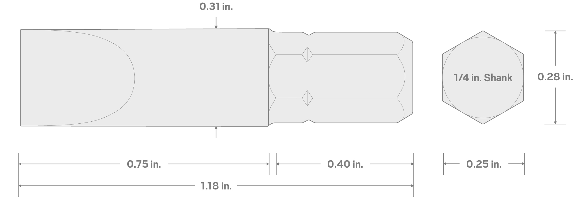 Specs for 5/16 Inch Slotted Insert Bit, 1.18 Inch Length (1/4 in. Hex Shank)