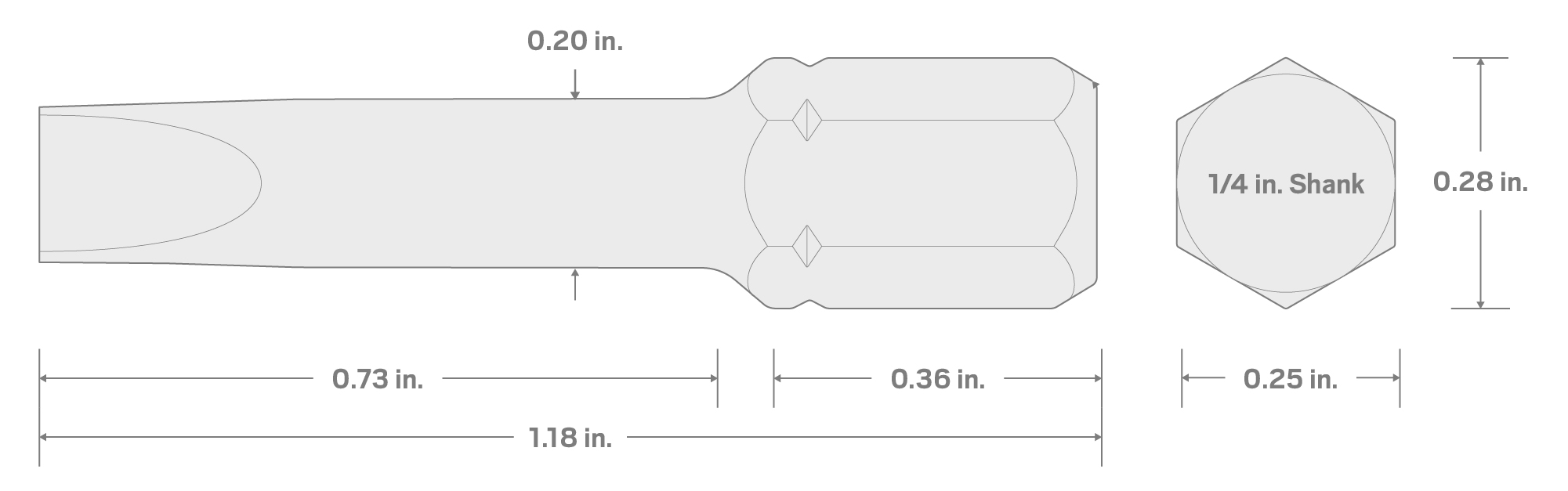 Specs for S3 Square Insert Bit, 1.18 Inch Length (1/4 in. Hex Shank)
