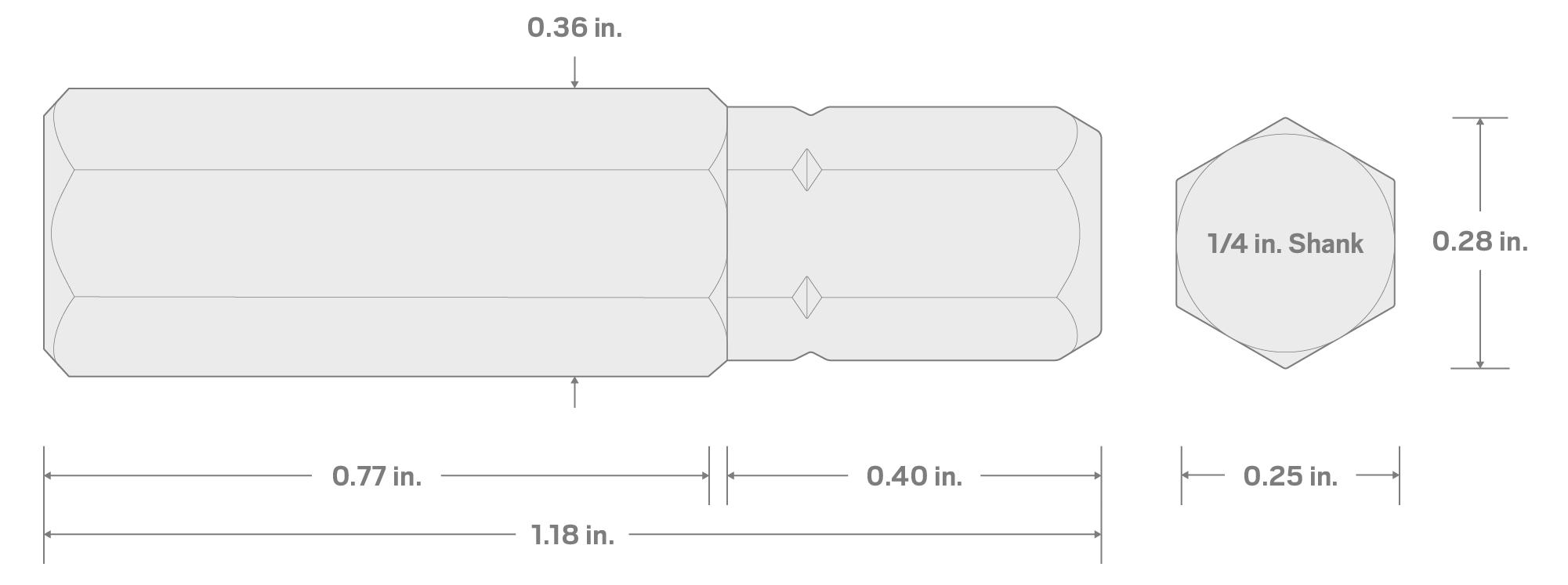 Specs for 8 mm Tamper Hex Insert Bit, 1.18 Inch Length (1/4 in. Hex Shank)