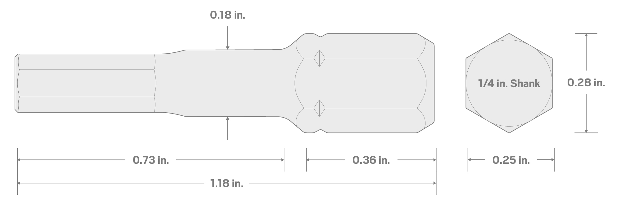 Specs for 9/64 Inch Tamper Hex Insert Bit, 1.18 Inch Length (1/4 in. Hex Shank)