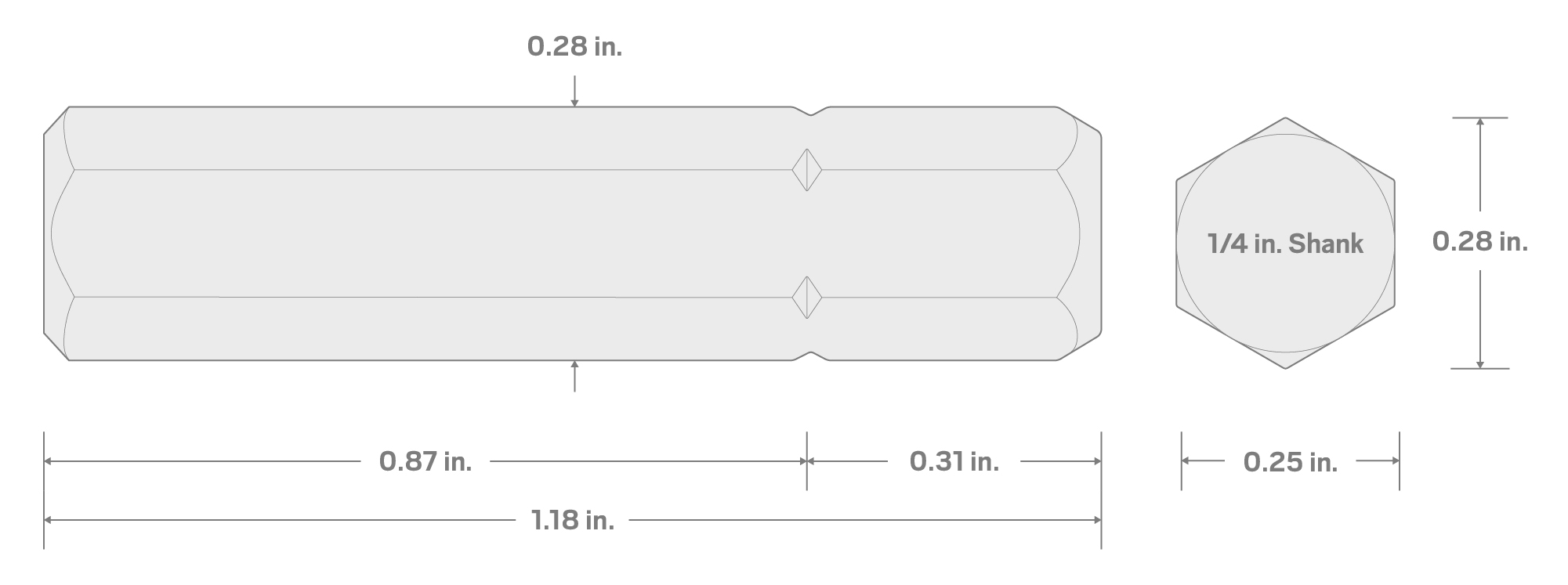 Specs for 1/4 Inch Tamper Hex Insert Bit, 1.18 Inch Length (1/4 in. Hex Shank)