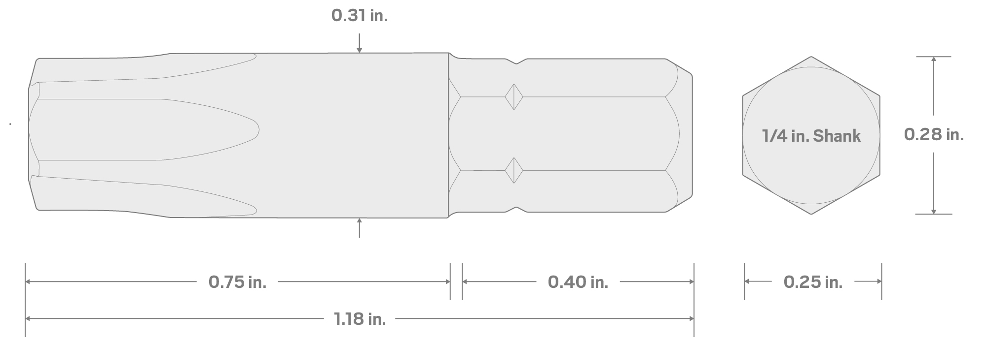 Specs for T45 Star Insert Bit, 1.18 Inch Length (1/4 in. Hex Shank)