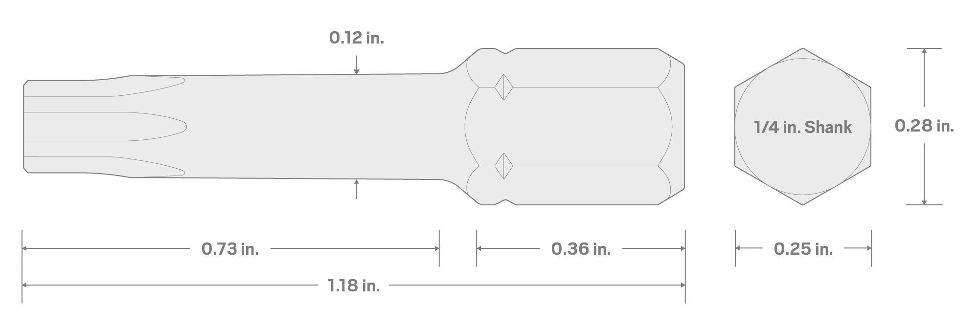 Specs for T7 Tamper Star Insert Bit, 1.18 Inch Length (1/4 in. Hex Shank)