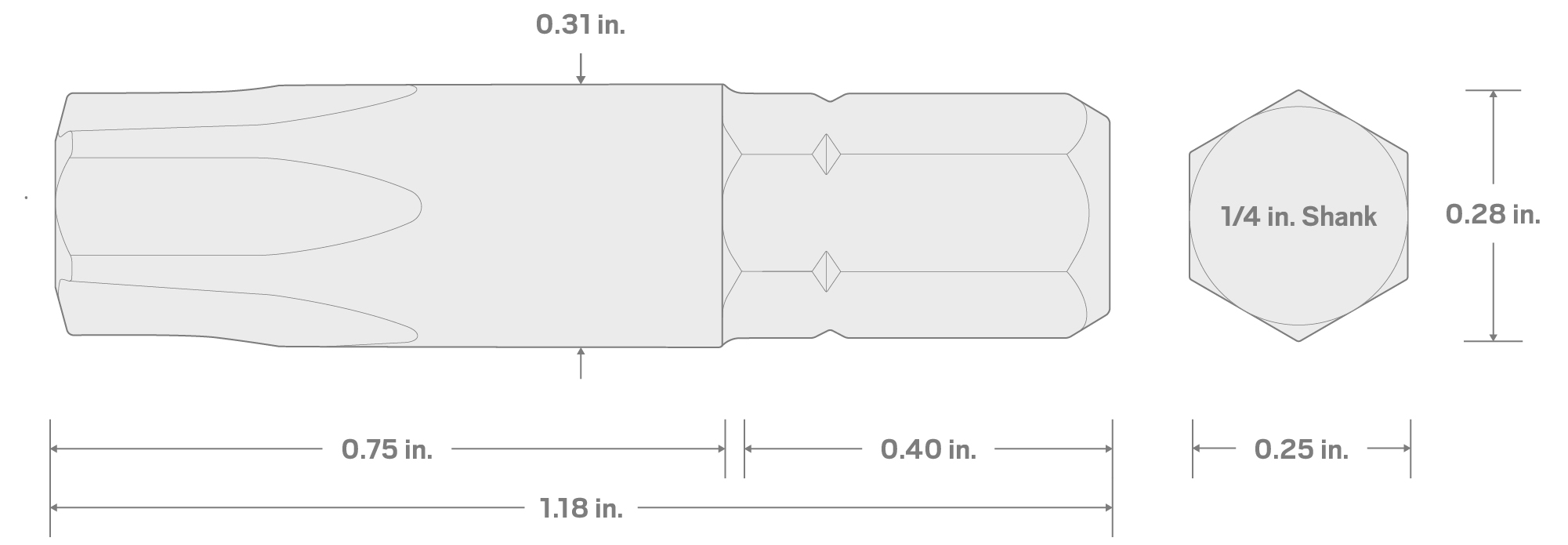 Specs for T45 Tamper Star Insert Bit, 1.18 Inch Length (1/4 in. Hex Shank)