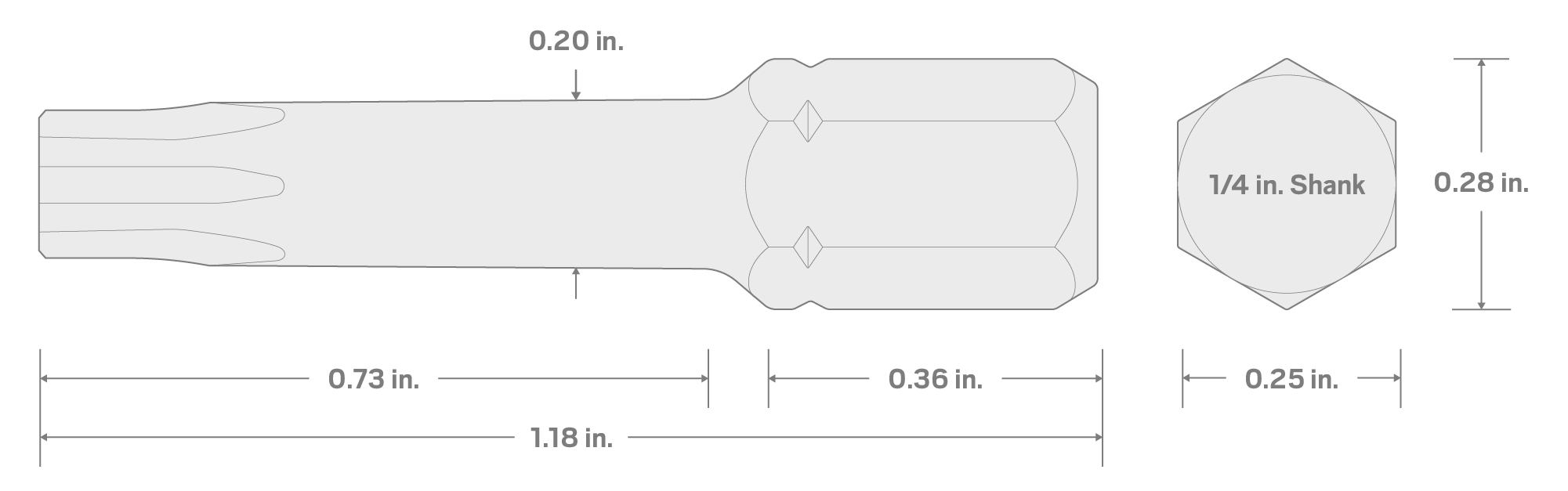 Specs for 25IP Star Plus Insert Bit, 1.18 Inch Length (1/4 in. Hex Shank)