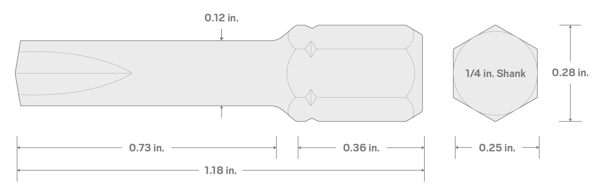 Specs for 1/8 Inch Clutch Insert Bit, 1.18 Inch Length (1/4 in. Hex Shank)