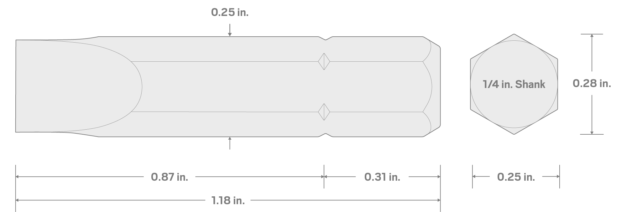 Specs for 1/4 Inch Slotted Insert Bits, 1.18 Inch Length (10-Pack) - 1/4 in. Hex Shank