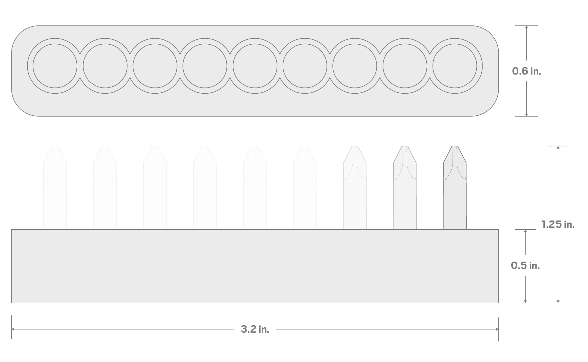 Specs for Phillips and Pozidriv Insert Bit Set (1.18 Inch Length) with Rail, 9-Piece (P0 - P3, PZ0 - PZ3) - 1/4 in. Hex Shank