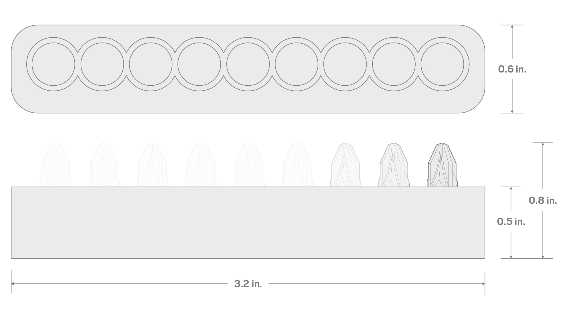 Specs for Square and Pozidriv Insert Bit Set (0.75 Inch Length) with Rail, 9-Piece (S0 - S4, PZ0 - PZ3) - 1/4 in. Hex Shank