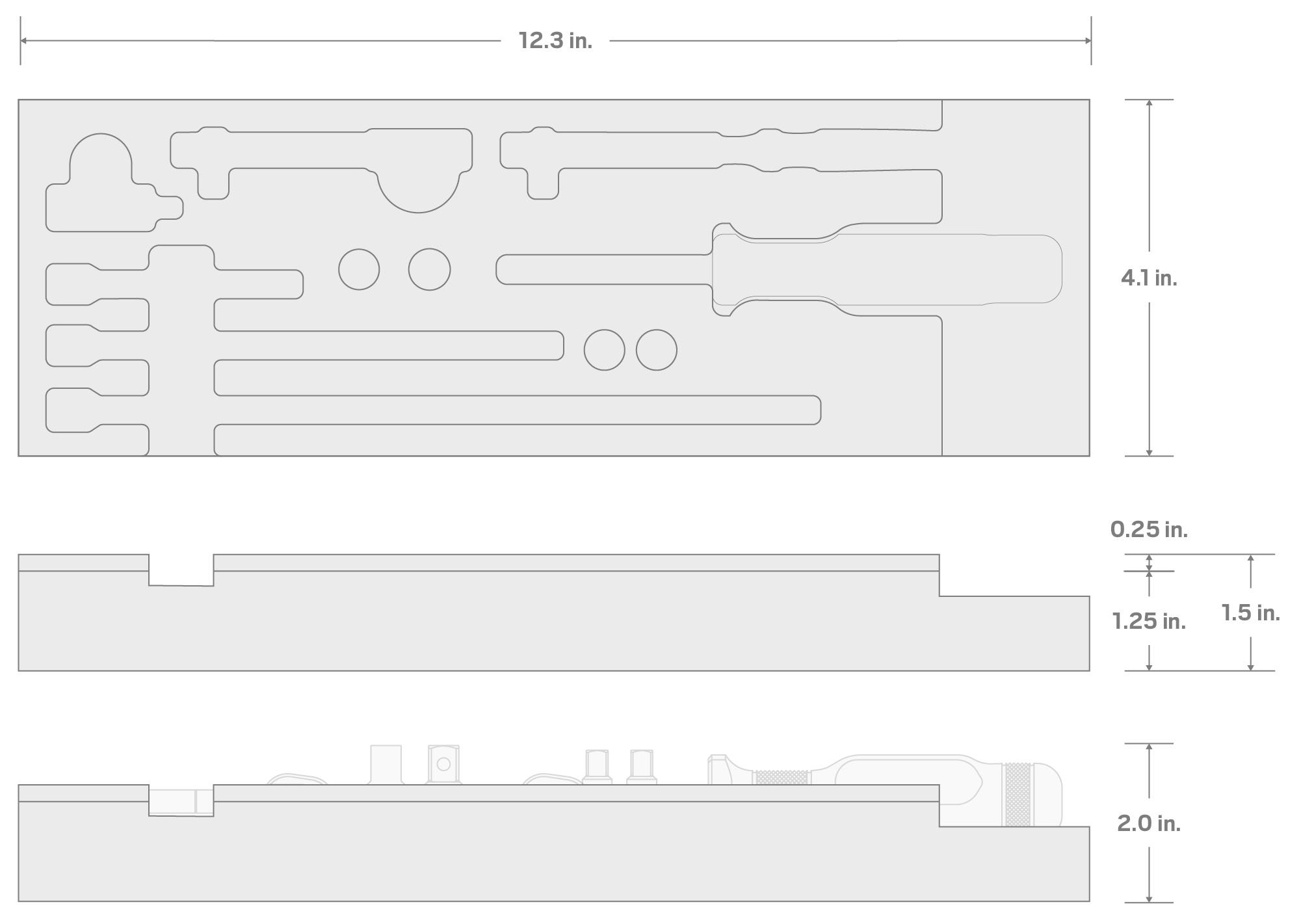 Specs for 11-Tool 1/4 Inch Ratchet and Accessory Set Foam Organizer (12 x 4 Inch)