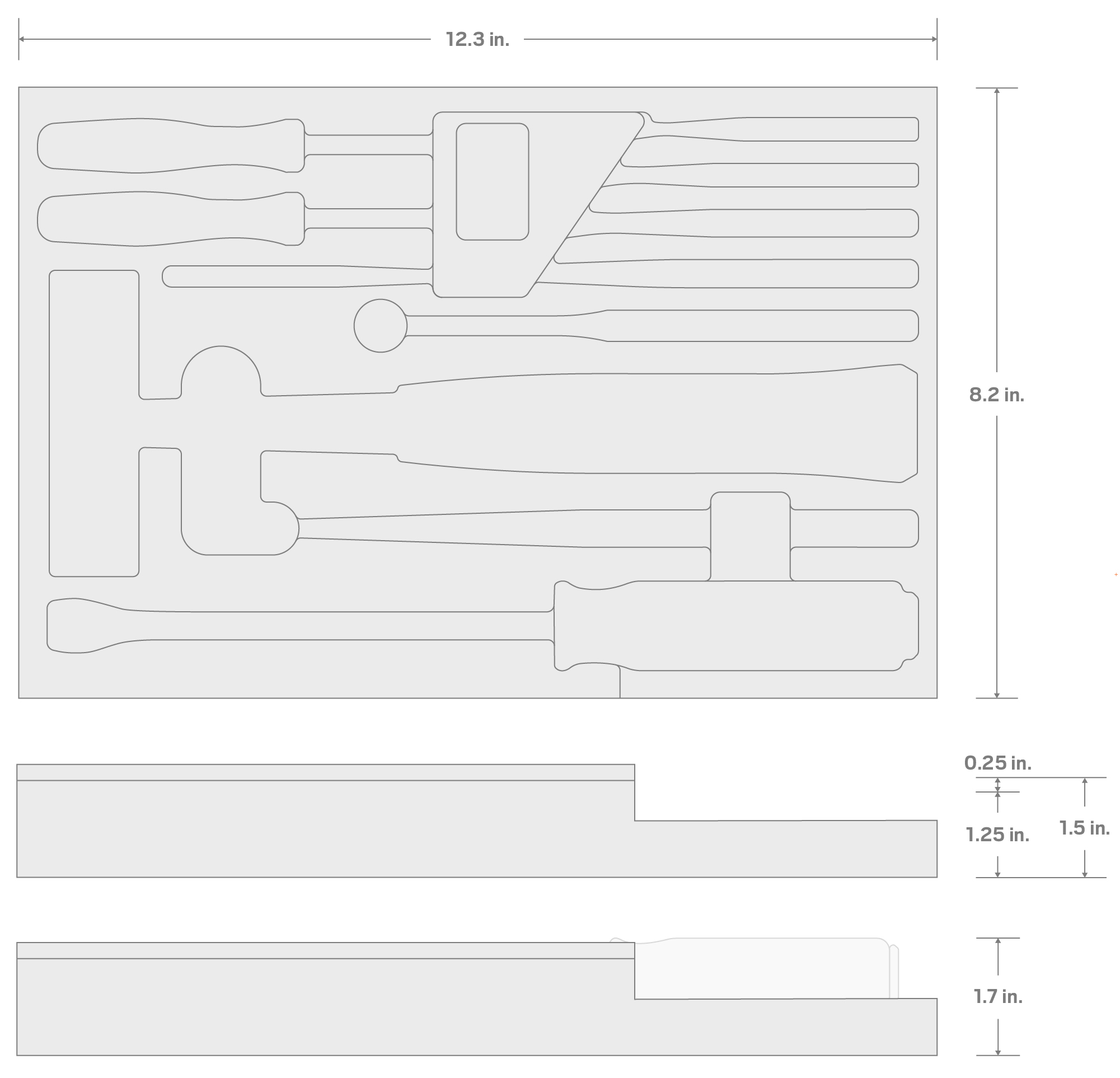 Specs for 11-Tool Hammers, Pry Bars, Punches, and Chisels Set Foam Organizer (12 x 8 Inch)