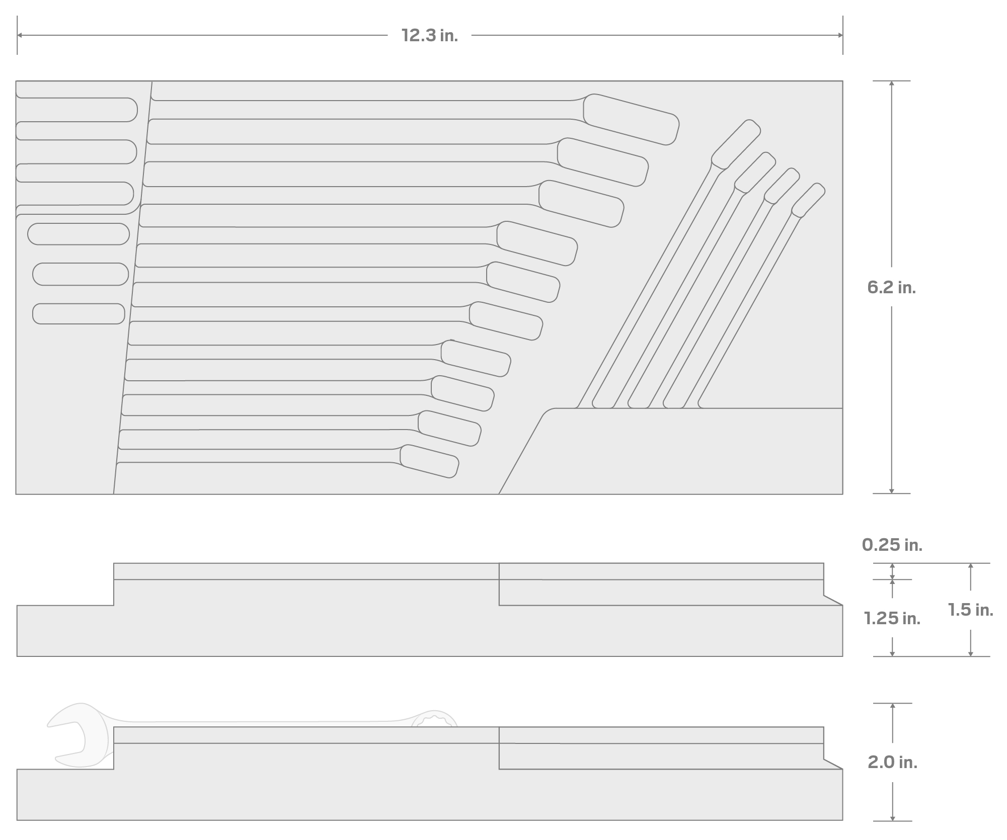 Specs for 14-Tool Combination Wrench Set Foam Organizer, 12 x 6 Inch (6 - 19 mm)