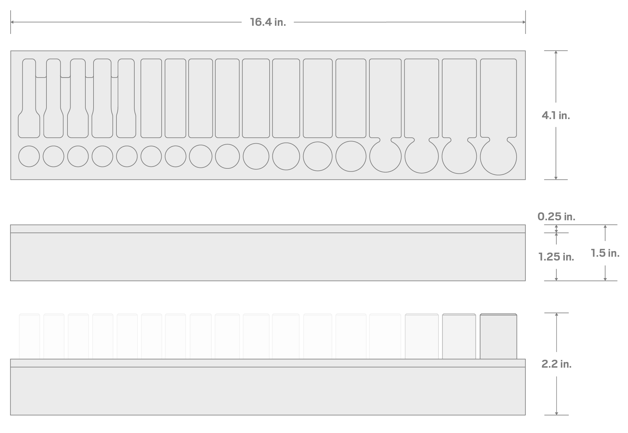 Specs for 34-Tool 3/8 Inch Shallow and Deep Socket Set Foam Organizer, 16 x 4 Inch (6 - 22 mm)