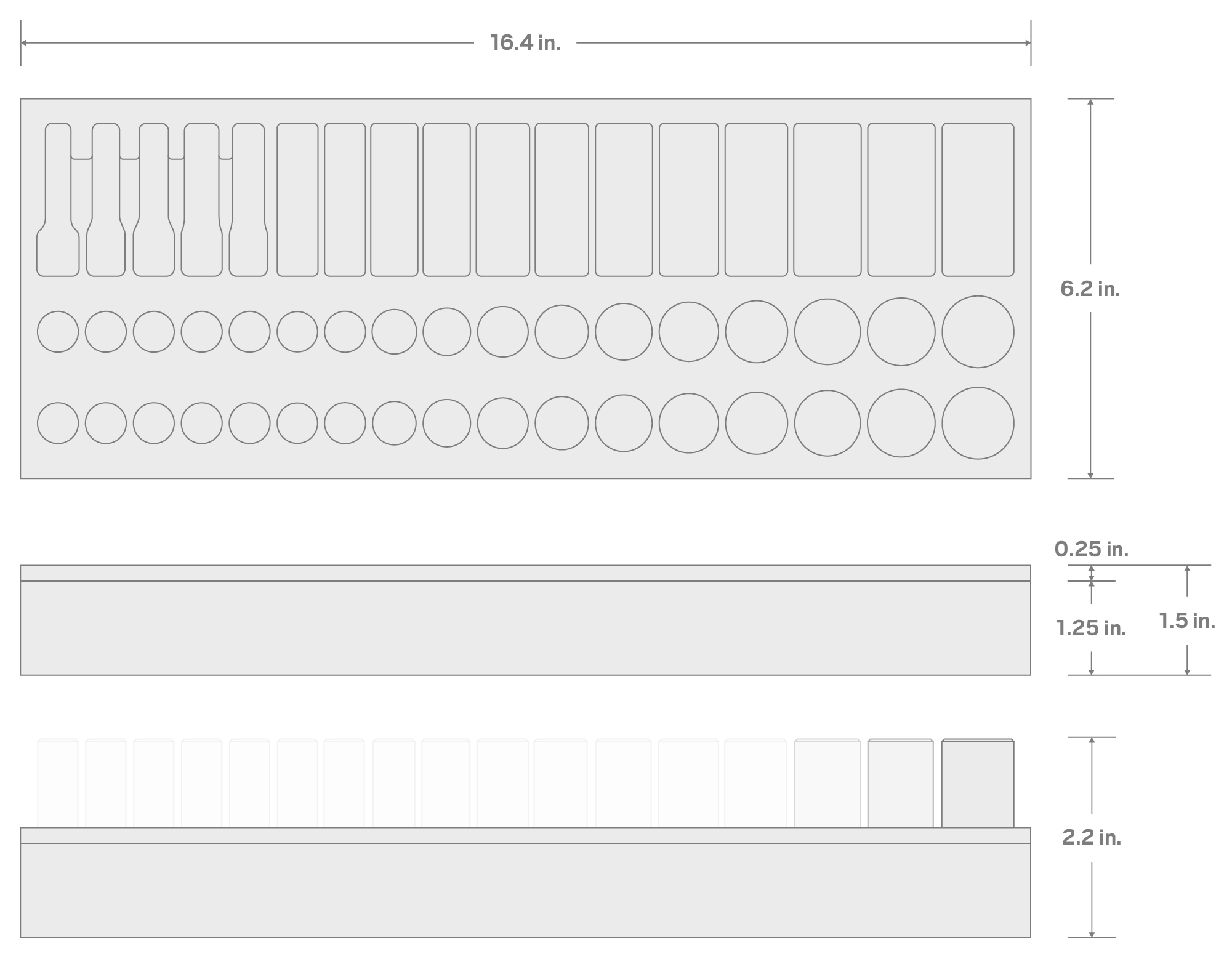 Specs for 51-Tool 3/8 Inch Shallow, Semi-Deep, and Deep Socket Set Foam Organizer, 16 x 6 Inch (6 - 22 mm)