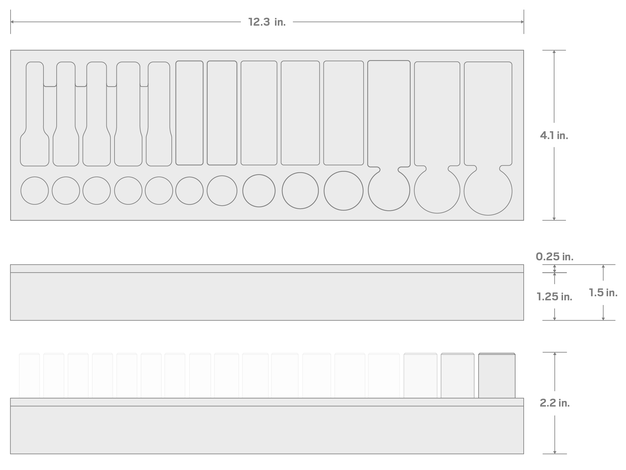 Specs for 26-Tool 3/8 Inch Shallow and Deep Socket Set Foam Organizer, 12 x 4 Inch (1/4 - 7/8 in.)