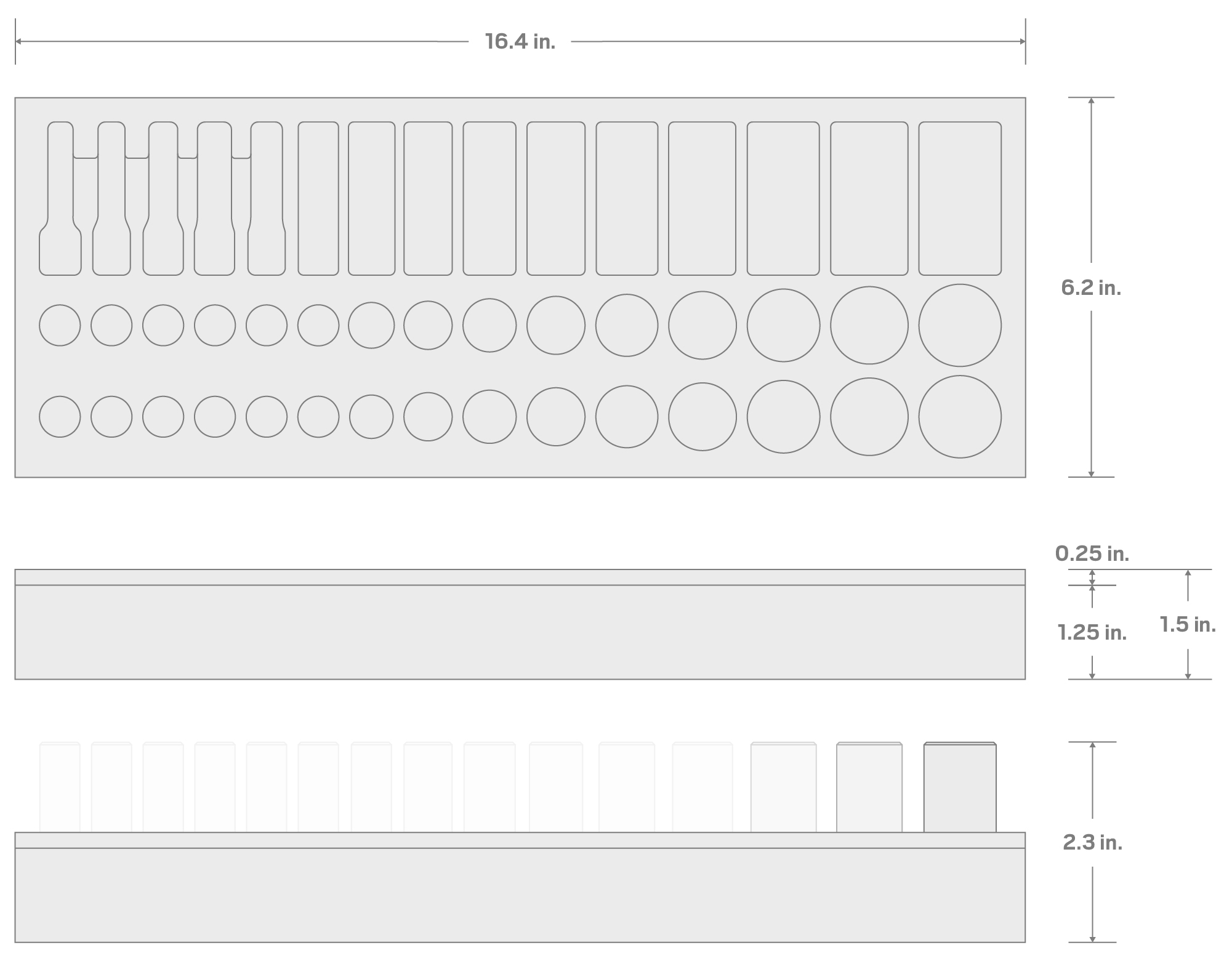 Specs for 45-Tool 3/8 Inch Shallow, Semi-Deep, and Deep Socket Set Foam Organizer, 16 x 6 Inch (1/4 - 1 in.)