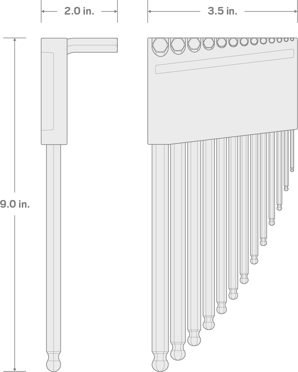 Specs for Ball End Hex Key Set with Holder, 13-Piece (0.050-3/8 in.) - Chrome Finish