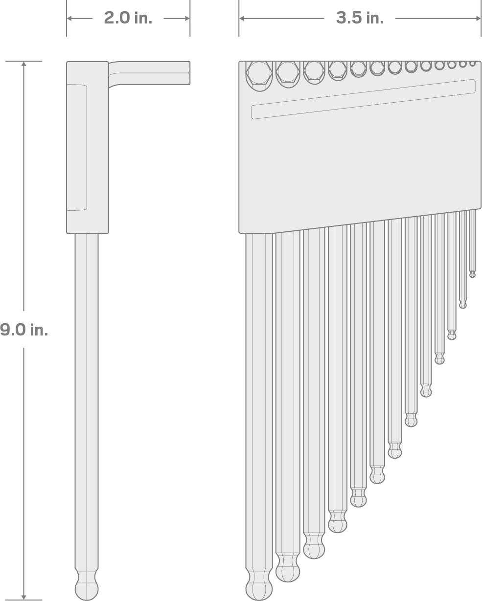 Specs for Ball End Hex L-Key Set with Holder, 13-Piece (0.050-3/8 in.)