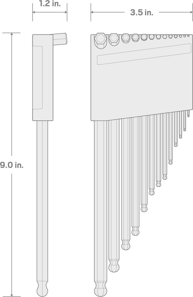 Specs for Short Arm Ball End Hex L-Key Set with Holder, 13-Piece (0.050-3/8 in.)