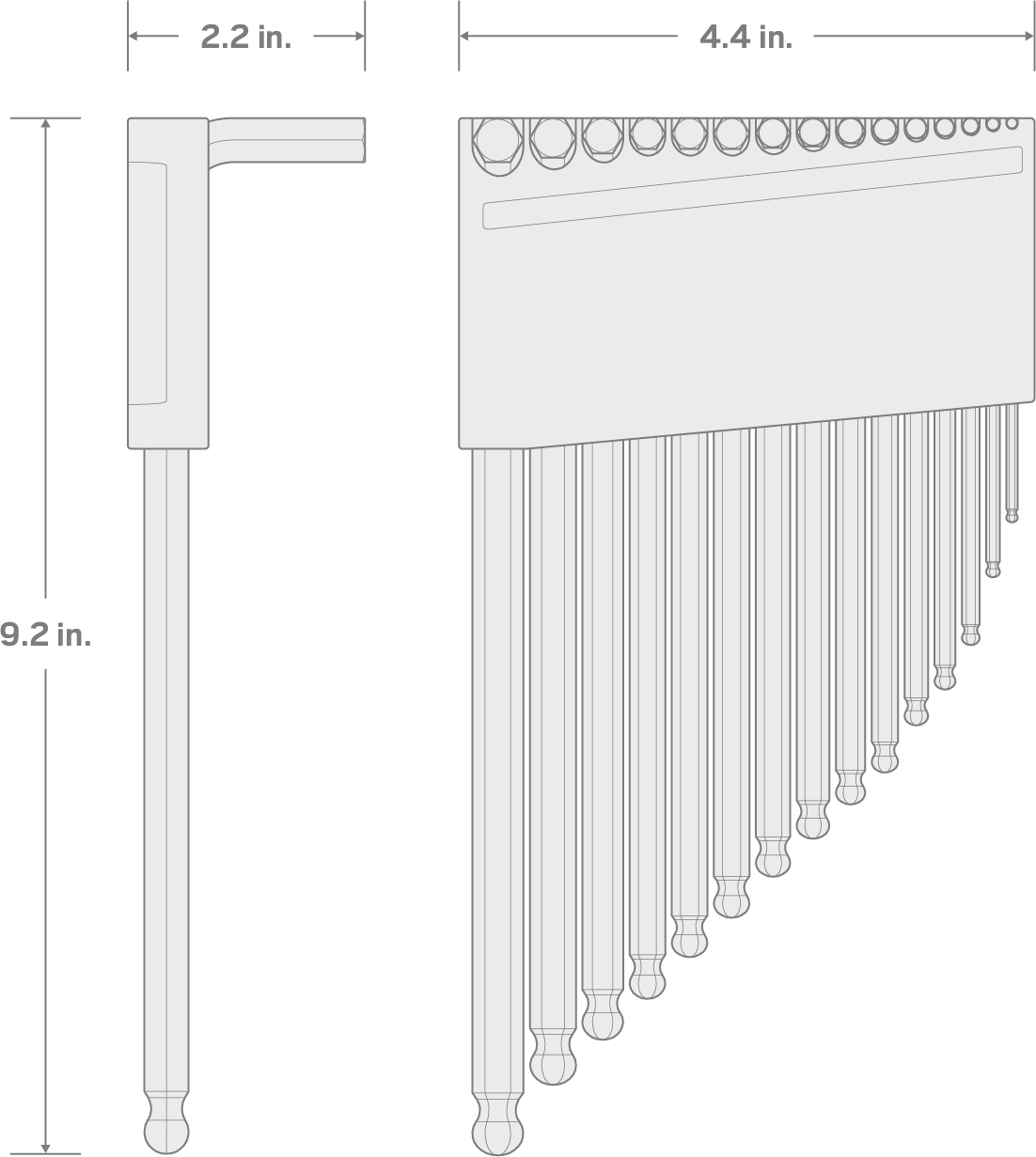 Specs for Ball End Hex Key Set with Holder, 15-Piece (1.3-10 mm) - Chrome Finish